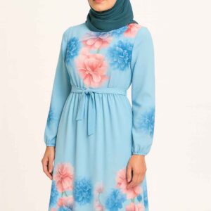 Islamic Women's Blue Dress With Flowers